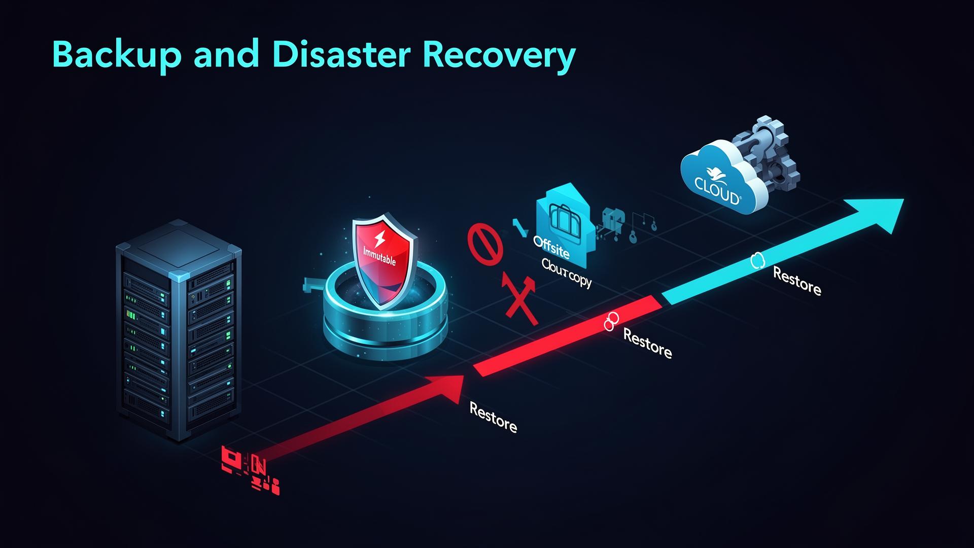 Schéma : sauvegarde immuable, copie offsite cloud, restauration anti-ransomware.