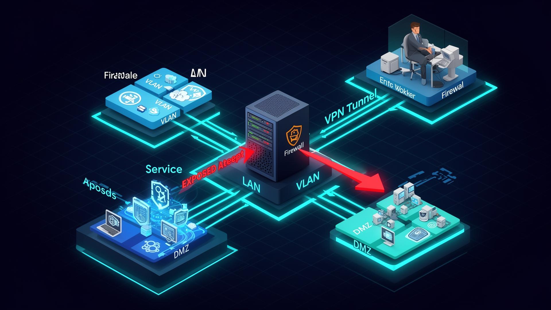 Schéma : firewall, segmentation VLAN, VPN et services exposés en DMZ.