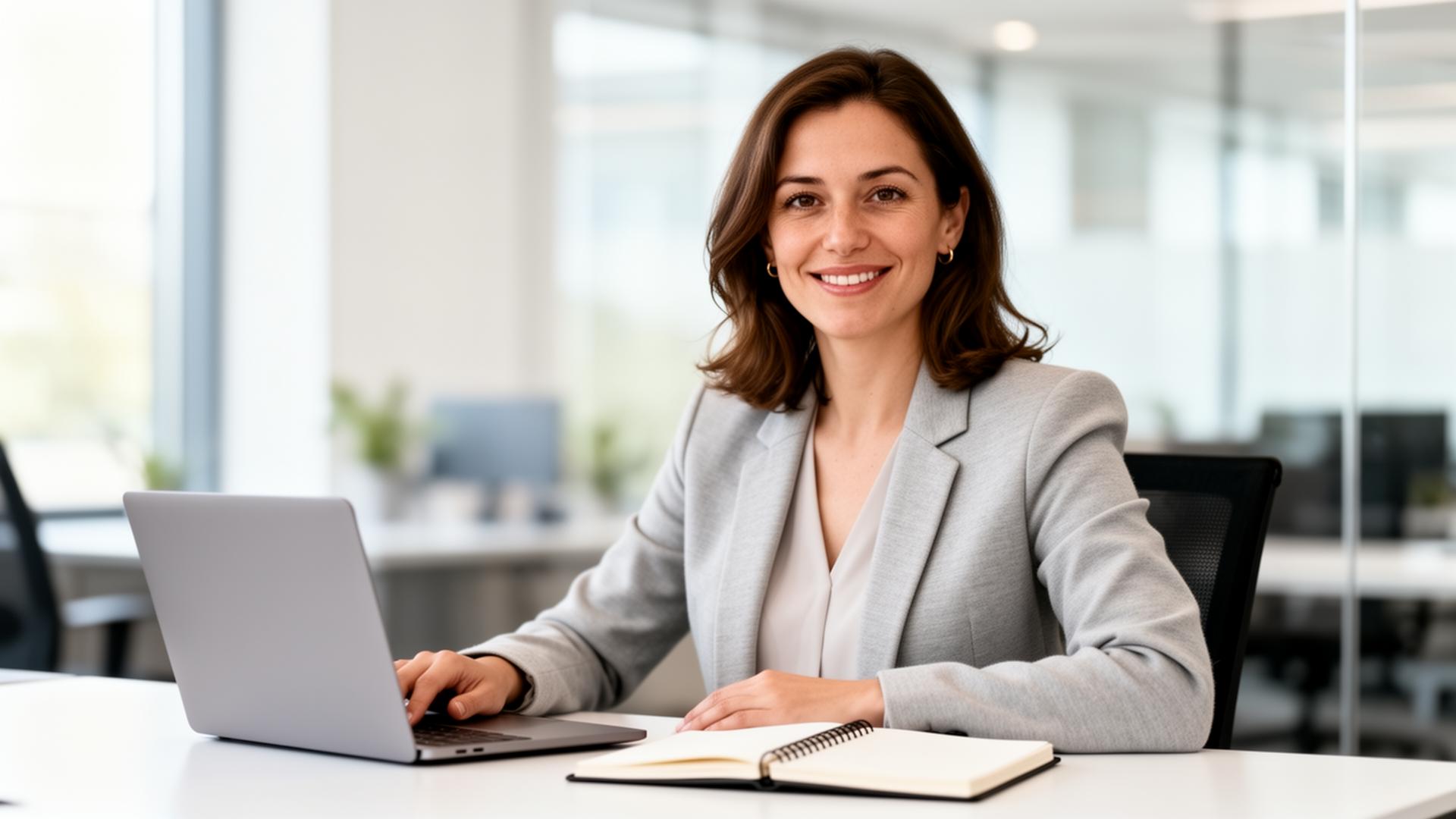 Consultante cybersécurité Absolute Micro souriante dans un bureau lumineux.