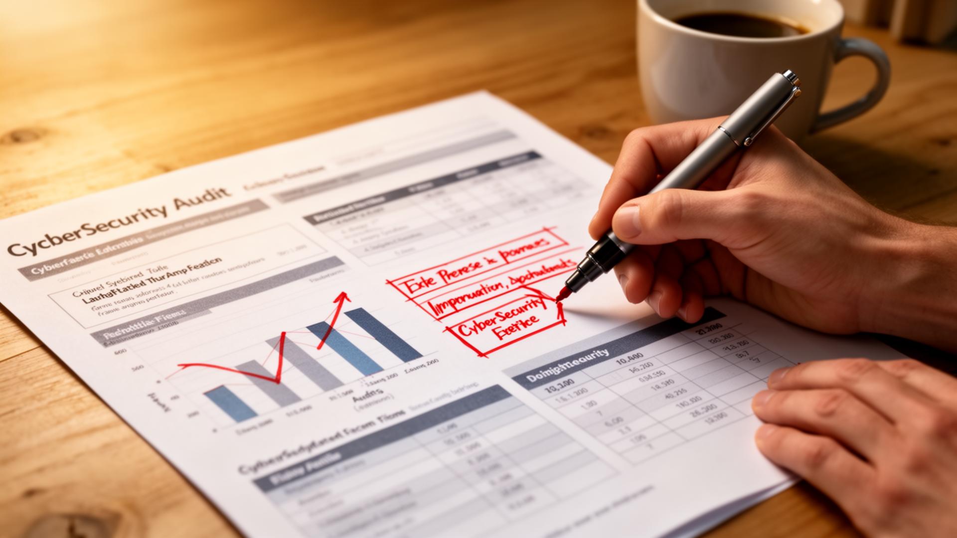 Annotations manuscrites sur un rapport d'audit cybersécurité.