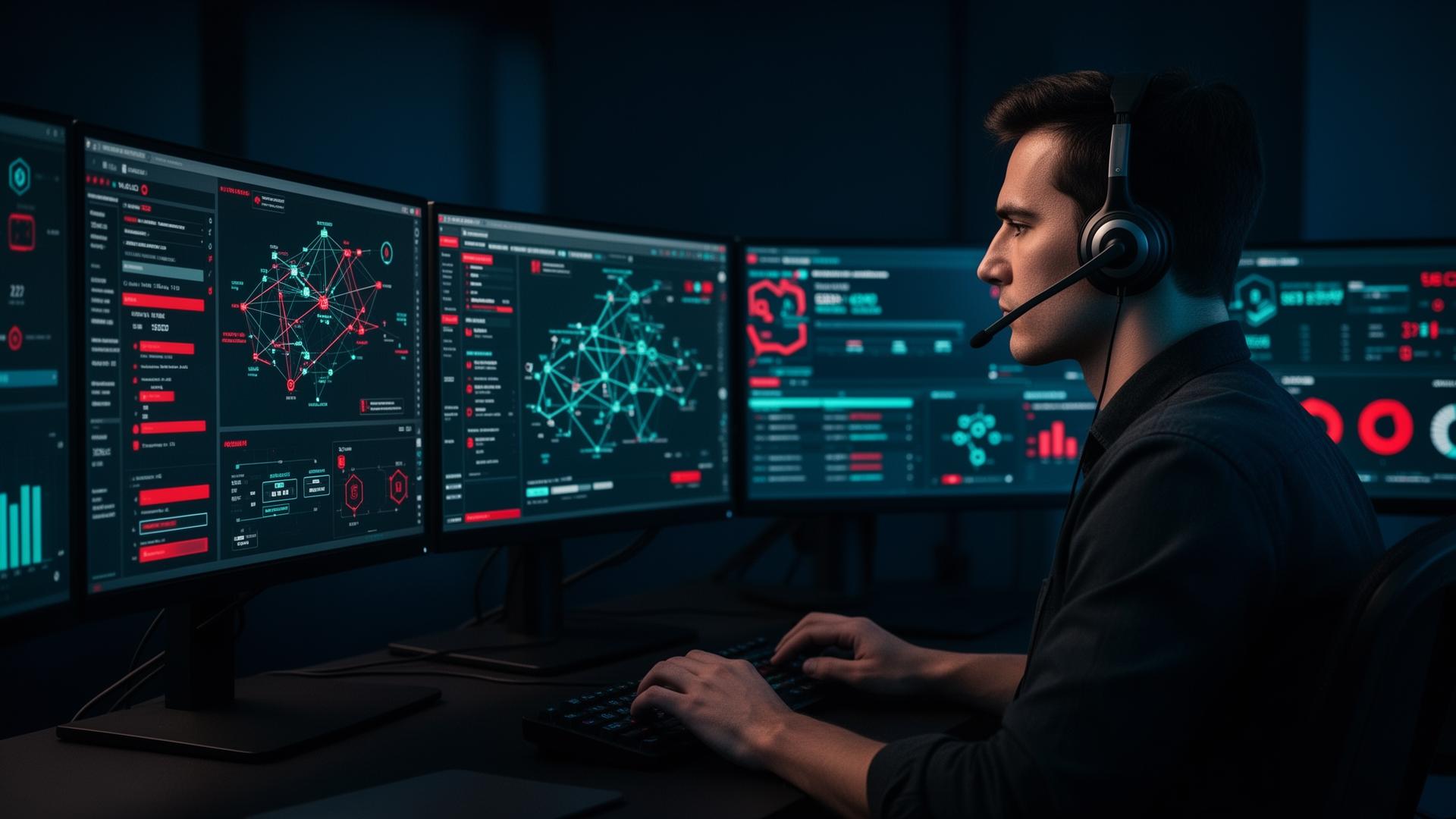 Analyste cybersécurité supervisant une infrastructure depuis un poste multi-écrans.