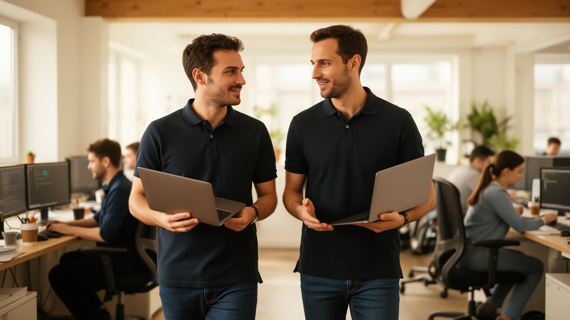 Deux ingénieurs Absolute Micro intervenant chez un client en open space.